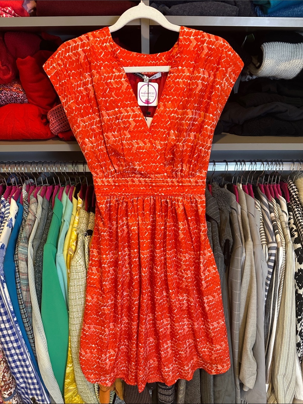 Collective Concepts red/white print cap sleeve back tie lined dress size S NWT